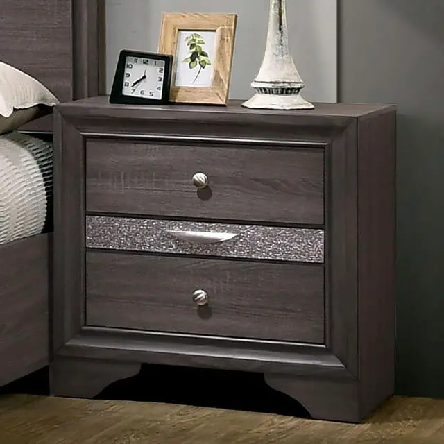 Main image of Contemporary 1Pc Nightstand Gray Finish Silver Accents Hidden Jewelry Drawer Nickel Round Knob Bedside Table Bedroom Furniture