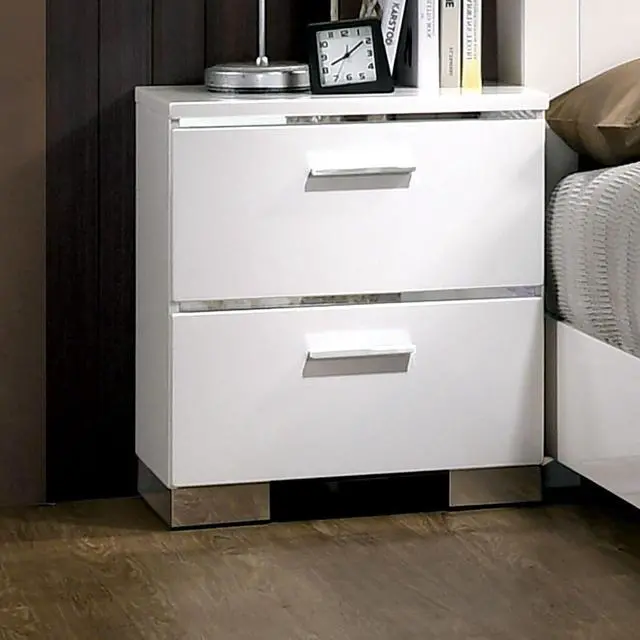 Main image of Contemporary 1Pc Nightstand White Color High Gloss Lacquer Coating Chrome Handles And Feet Bedside Table W Usb Charger Bedroom Furniture