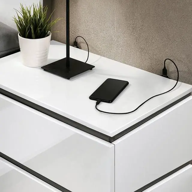 Alt view image 4 of 7 - Contemporary 1Pc Nightstand White Color High Gloss Finish W/ Metallic Accents Bedside Table W Usb Port Bedroom Furniture