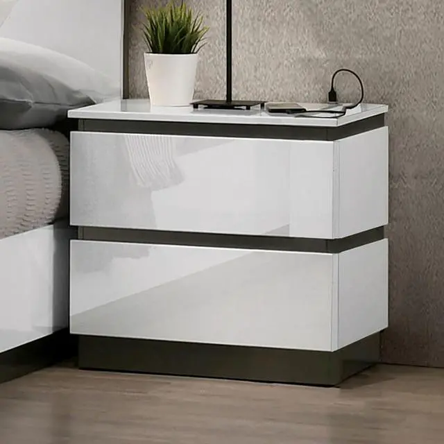 Main image of Contemporary 1Pc Nightstand White Color High Gloss Finish W/ Metallic Accents Bedside Table W Usb Port Bedroom Furniture