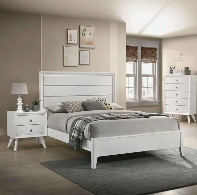 Main image of Contemporary White Color 1Pc Nightstand Bedroom Furniture Solid Wood Wave Texture 2-Drawers Bedside Table Bronze Round Knobs