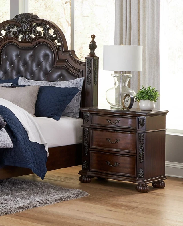Alt view image 4 of 6 - Classic Traditional Nightstand of 3 Drawers Cherry Finish Carving Wooden Bedroom Furniture 1pc