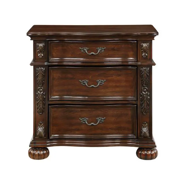 Alt view image 3 of 6 - Classic Traditional Nightstand of 3 Drawers Cherry Finish Carving Wooden Bedroom Furniture 1pc