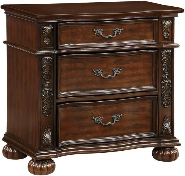 Main image of Classic Traditional Nightstand of 3 Drawers Cherry Finish Carving Wooden Bedroom Furniture 1pc