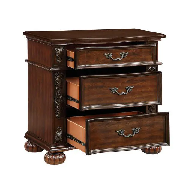 Alt view image 2 of 6 - Classic Traditional Nightstand of 3 Drawers Cherry Finish Carving Wooden Bedroom Furniture 1pc