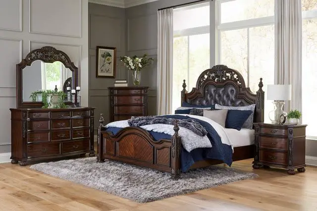 Alt view image 5 of 6 - Classic Traditional Nightstand of 3 Drawers Cherry Finish Carving Wooden Bedroom Furniture 1pc