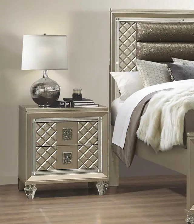 Main image of Glamorous Champagne Finish 1Pc Nightstand Of 2 Drawers Acrylic Feet Bedside Table Luxury Bedroom Furniture Beveled Mirror Trim