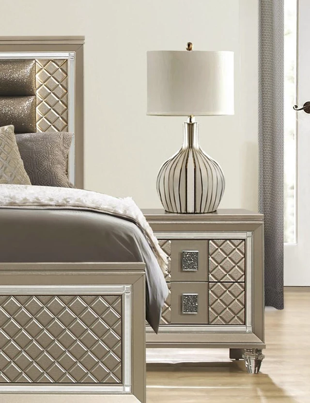 Alt view image 5 of 7 - Glamorous Champagne Finish 1Pc Nightstand Of 2 Drawers Acrylic Feet Bedside Table Luxury Bedroom Furniture Beveled Mirror Trim