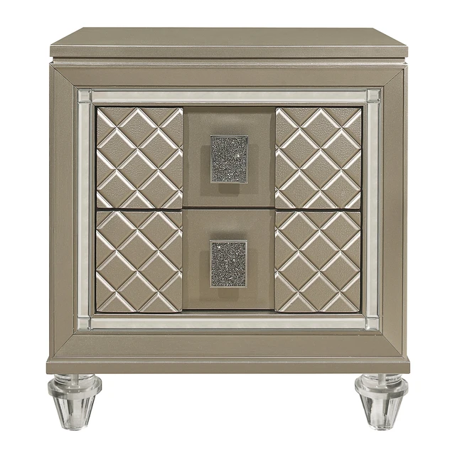 Alt view image 2 of 7 - Glamorous Champagne Finish 1Pc Nightstand Of 2 Drawers Acrylic Feet Bedside Table Luxury Bedroom Furniture Beveled Mirror Trim