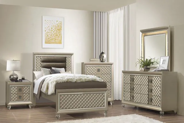 Alt view image 7 of 7 - Glamorous Champagne Finish 1Pc Nightstand Of 2 Drawers Acrylic Feet Bedside Table Luxury Bedroom Furniture Beveled Mirror Trim