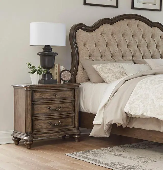 Main image of Traditional Nightstand Of 3 Drawers Brown Oak Finish 1Pc Bedside Table Wooden Formal Bedroom Furniture Decorative Drawer Pulls