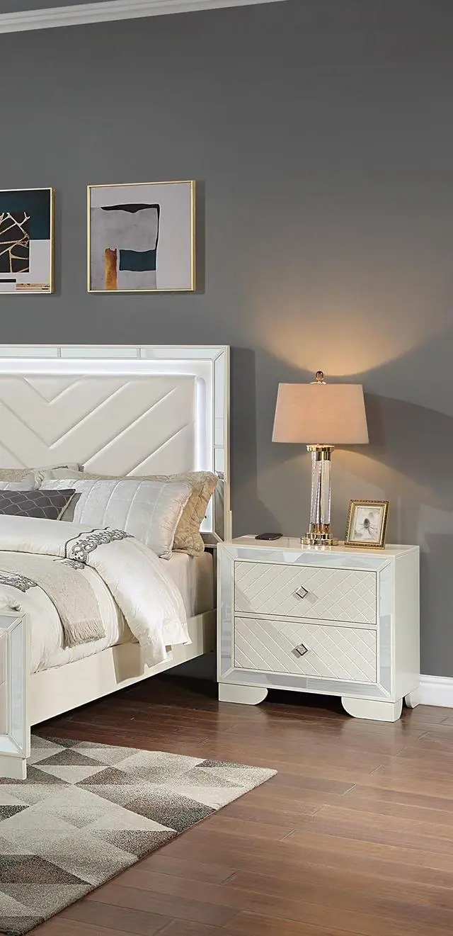 Alt view image 3 of 7 - Classic Luxury Look Cream 1Pc Nightstand Wooden Bedside Table 2X Drawers W Mirror Glass Panel Bedroom Furniture