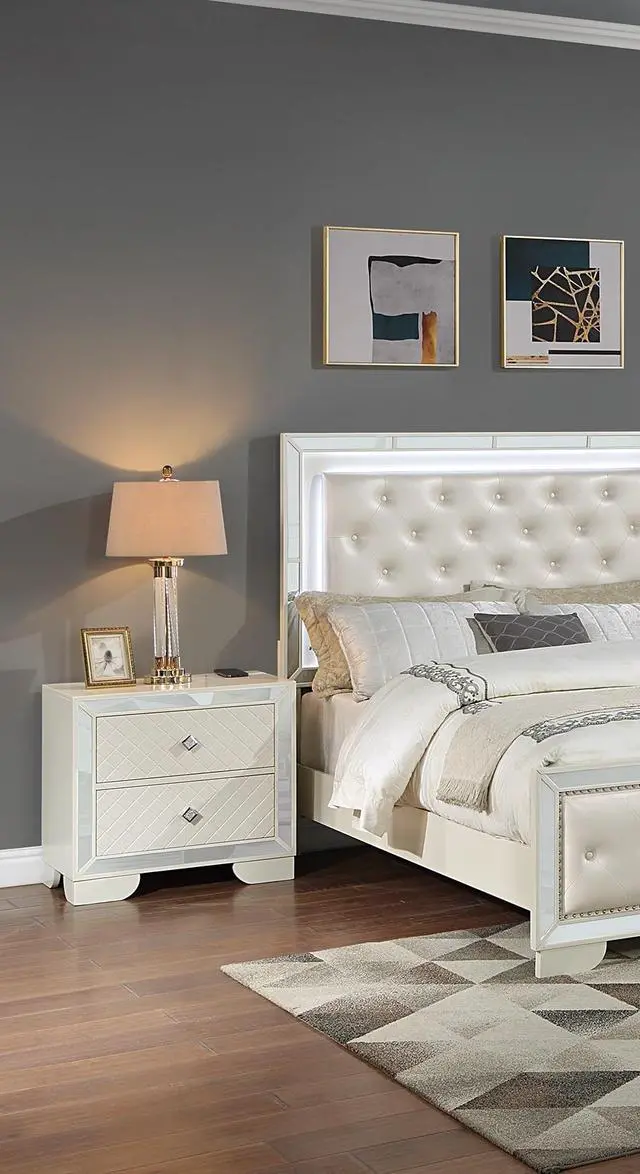 Alt view image 2 of 7 - Classic Luxury Look Cream 1Pc Nightstand Wooden Bedside Table 2X Drawers W Mirror Glass Panel Bedroom Furniture
