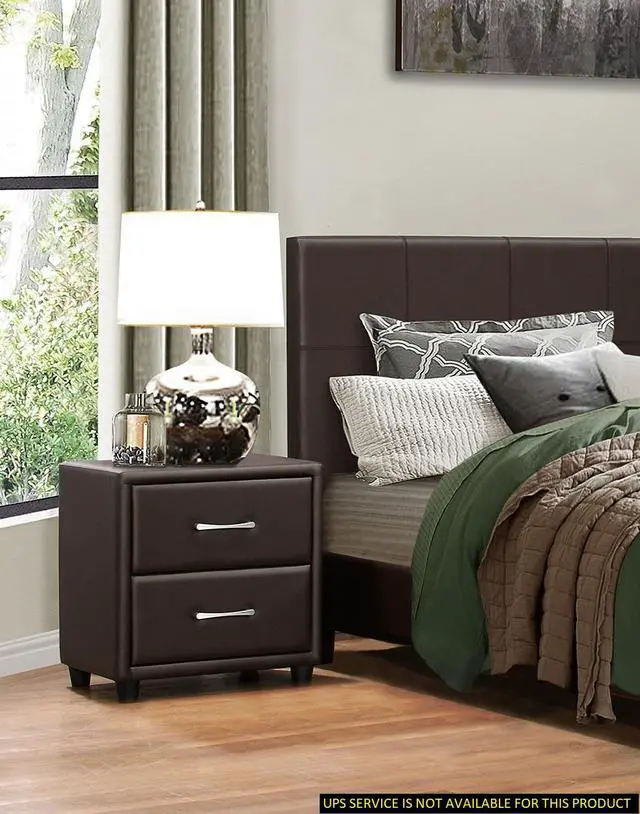 Alt view image 5 of 7 - Contemporary Design 1Pc Bedroom Furniture Two Drawers Nightstand Silver Tone Bar Pulls Faux Leather Upholstery, Dark Brown Pvc