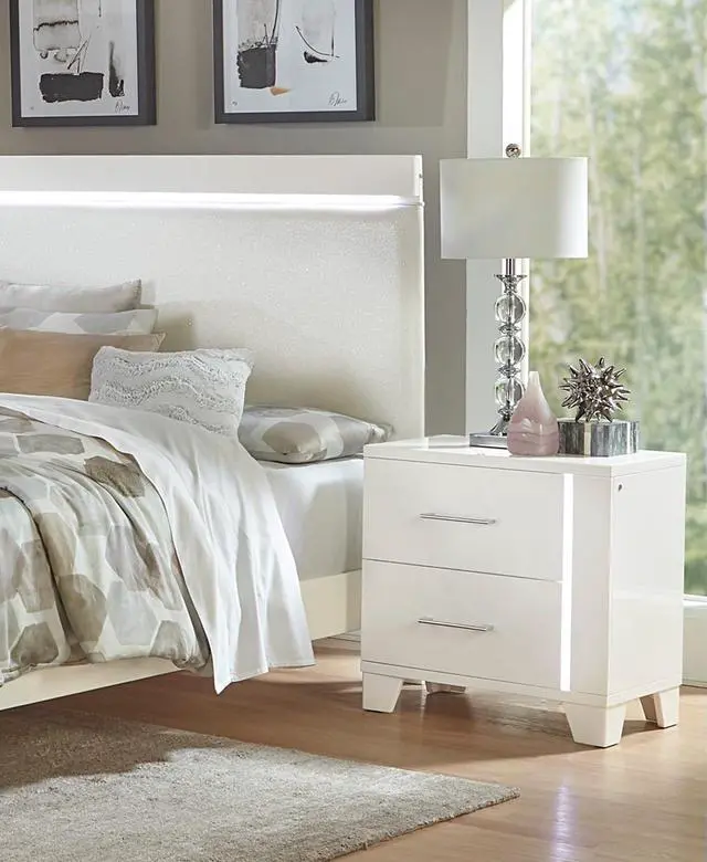 Main image of White High Gloss Finish Modern Bedroom 1Pc Nightstand With Led Light Wooden Furniture Luxury Bedside Table