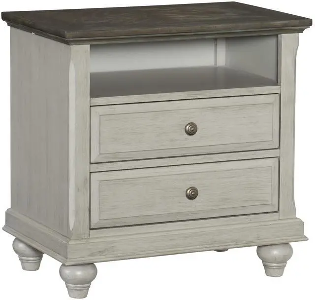 Main image of Classic Light Gray Finish 1Pc Nightstand With 2X Drawers And Storage Cubby Dark Brown Top Modern Farmhouse Design Bedroom Furniture Side Table