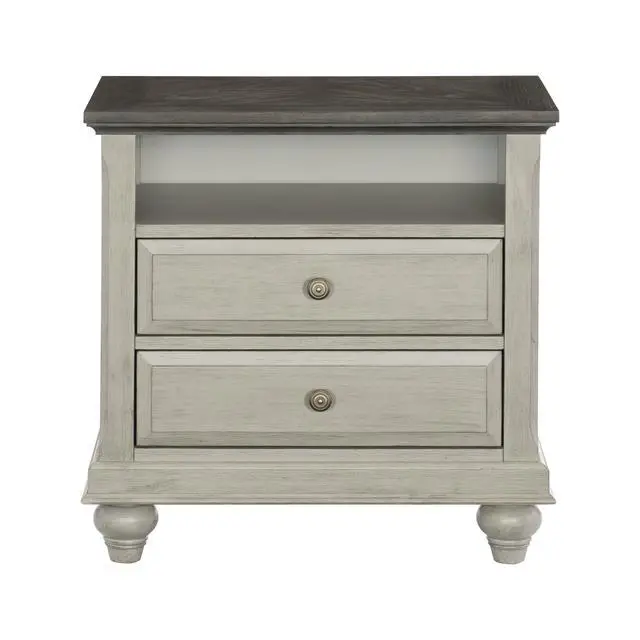 Alt view image 3 of 7 - Classic Light Gray Finish 1Pc Nightstand With 2X Drawers And Storage Cubby Dark Brown Top Modern Farmhouse Design Bedroom Furniture Side Table