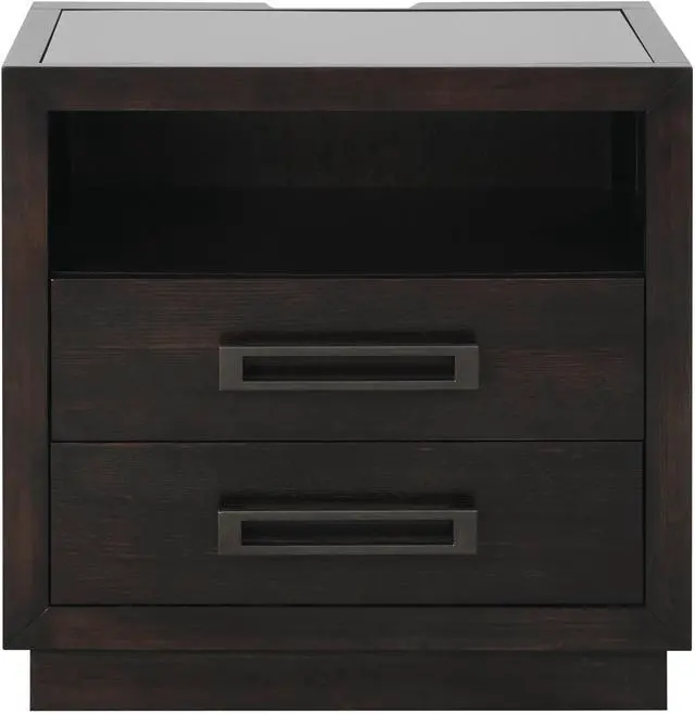 Main image of Modern Bedroom Furniture 1Pc Nightstand Of 2X Drawers Led Light Storage Cubby Usb Ports Power Outlets Charcoal Finish Glass Insert Top Stylish Bed-Side Table