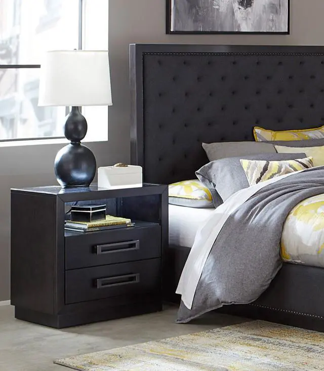 Alt view image 2 of 7 - Modern Bedroom Furniture 1Pc Nightstand Of 2X Drawers Led Light Storage Cubby Usb Ports Power Outlets Charcoal Finish Glass Insert Top Stylish Bed-Side Table