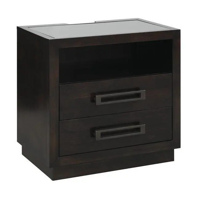 Alt view image 4 of 7 - Modern Bedroom Furniture 1Pc Nightstand Of 2X Drawers Led Light Storage Cubby Usb Ports Power Outlets Charcoal Finish Glass Insert Top Stylish Bed-Side Table