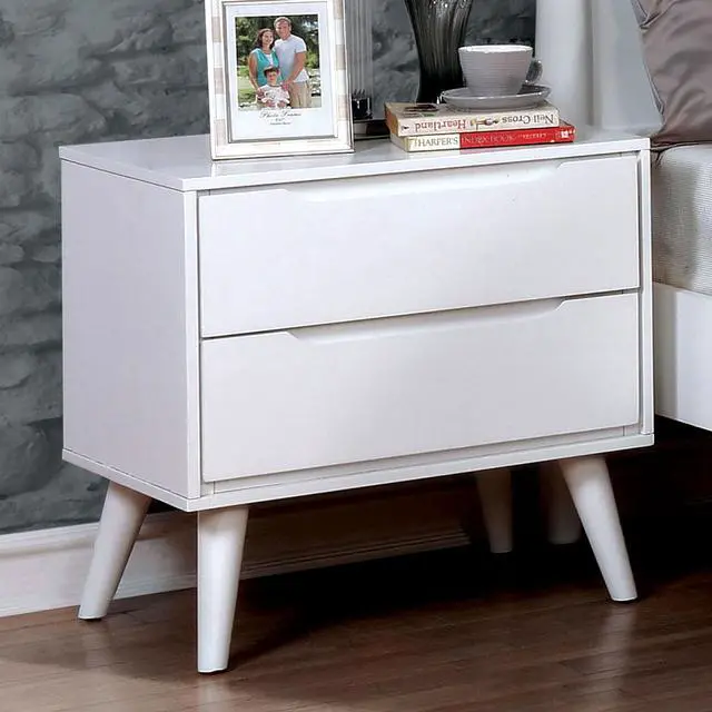 Main image of Mid-Century Modern White Color 1Pc Nightstand Bedroom Furniture Solid Wood Round Tapered Legs 2-Drawers Bedside Table