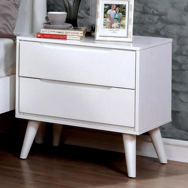 Alt view image 3 of 7 - Mid-Century Modern White Color 1Pc Nightstand Bedroom Furniture Solid Wood Round Tapered Legs 2-Drawers Bedside Table