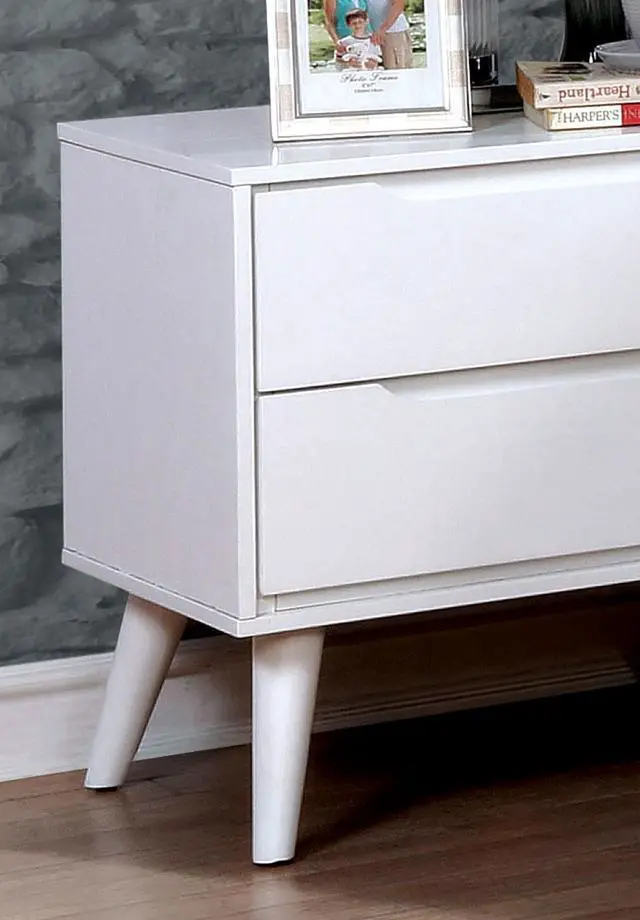 Alt view image 2 of 7 - Mid-Century Modern White Color 1Pc Nightstand Bedroom Furniture Solid Wood Round Tapered Legs 2-Drawers Bedside Table