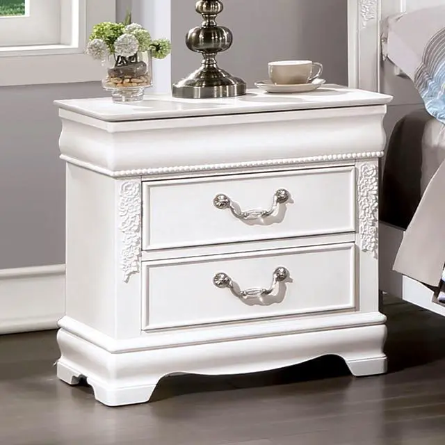 Main image of Classic White Color 1Pc Nightstand Bedroom Furniture Solid Wood Nickel Hanging Pulls 2-Drawers Bedside Table