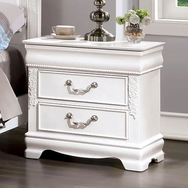 Alt view image 2 of 7 - Classic White Color 1Pc Nightstand Bedroom Furniture Solid Wood Nickel Hanging Pulls 2-Drawers Bedside Table