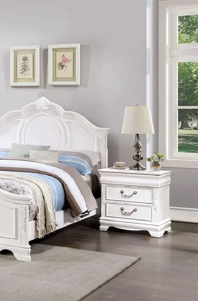 Alt view image 6 of 7 - Classic White Color 1Pc Nightstand Bedroom Furniture Solid Wood Nickel Hanging Pulls 2-Drawers Bedside Table