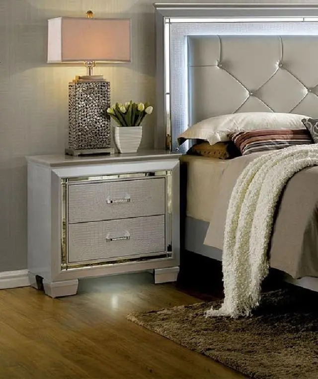 Alt view image 7 of 7 - Contemporary 1Pc Nightstand Silver Bedside Table Led Light English Dovetail Drawer Bedroom Furniture