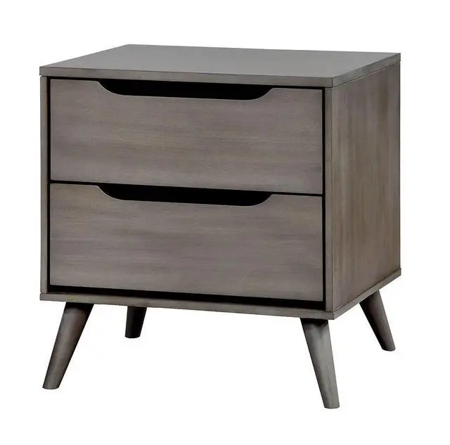 Alt view image 4 of 7 - Mid-Century Modern Gray Color 1Pc Nightstand Bedroom Furniture Solid Wood Round Tapered Legs 2-Drawers Bedside Table