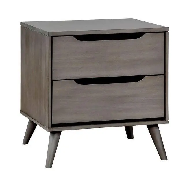 Alt view image 2 of 7 - Mid-Century Modern Gray Color 1Pc Nightstand Bedroom Furniture Solid Wood Round Tapered Legs 2-Drawers Bedside Table
