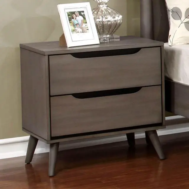 Alt view image 3 of 7 - Mid-Century Modern Gray Color 1Pc Nightstand Bedroom Furniture Solid Wood Round Tapered Legs 2-Drawers Bedside Table
