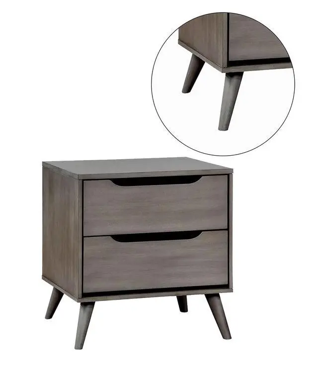 Alt view image 5 of 7 - Mid-Century Modern Gray Color 1Pc Nightstand Bedroom Furniture Solid Wood Round Tapered Legs 2-Drawers Bedside Table