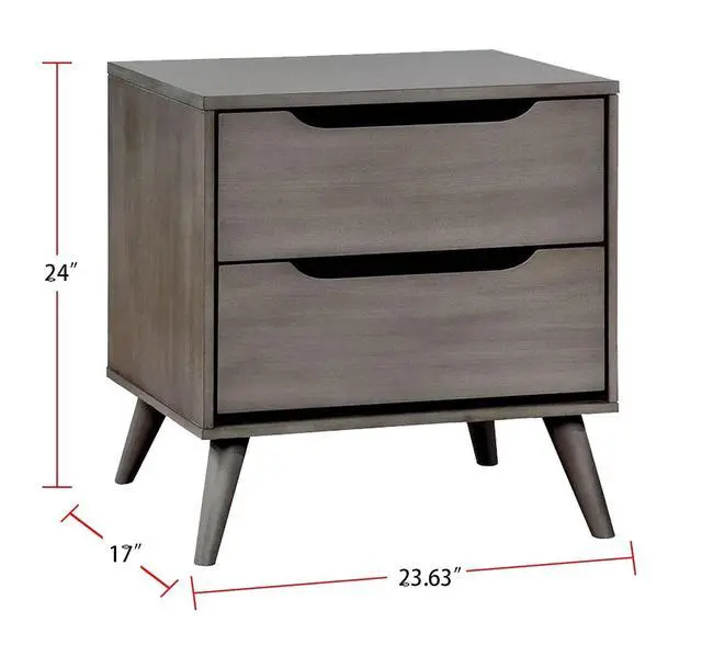 Alt view image 6 of 7 - Mid-Century Modern Gray Color 1Pc Nightstand Bedroom Furniture Solid Wood Round Tapered Legs 2-Drawers Bedside Table