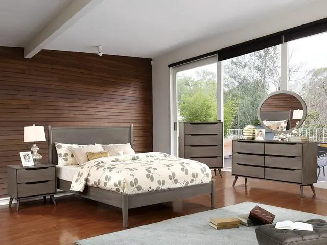 Alt view image 7 of 7 - Mid-Century Modern Gray Color 1Pc Nightstand Bedroom Furniture Solid Wood Round Tapered Legs 2-Drawers Bedside Table