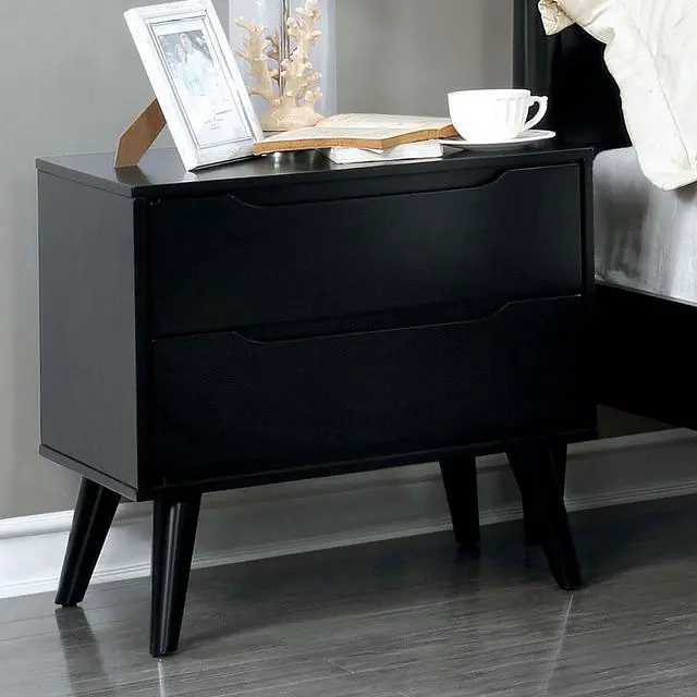 Main image of Mid-Century Modern Black Color 1Pc Nightstand Bedroom Furniture Solid Wood Round Tapered Legs 2-Drawers Bedside Table