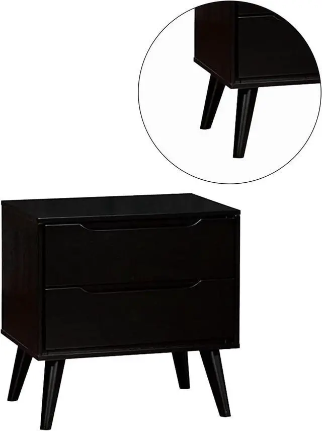 Alt view image 5 of 7 - Mid-Century Modern Black Color 1Pc Nightstand Bedroom Furniture Solid Wood Round Tapered Legs 2-Drawers Bedside Table