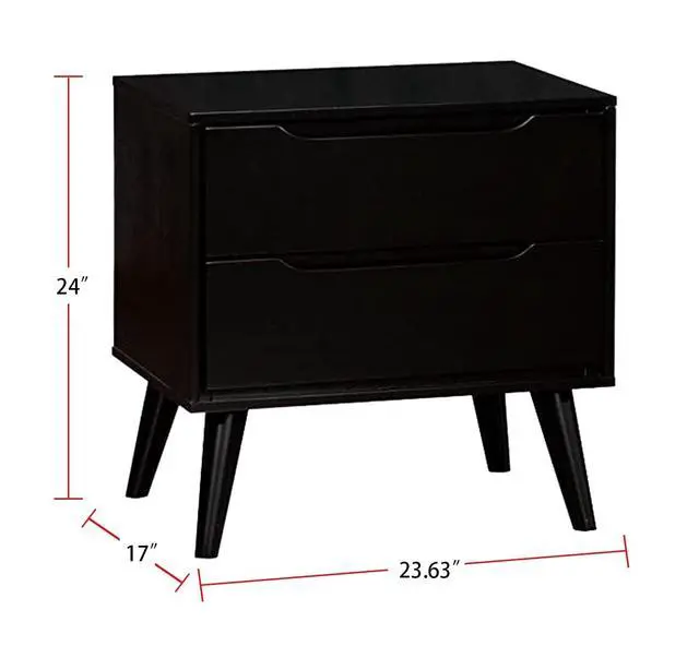 Alt view image 6 of 7 - Mid-Century Modern Black Color 1Pc Nightstand Bedroom Furniture Solid Wood Round Tapered Legs 2-Drawers Bedside Table
