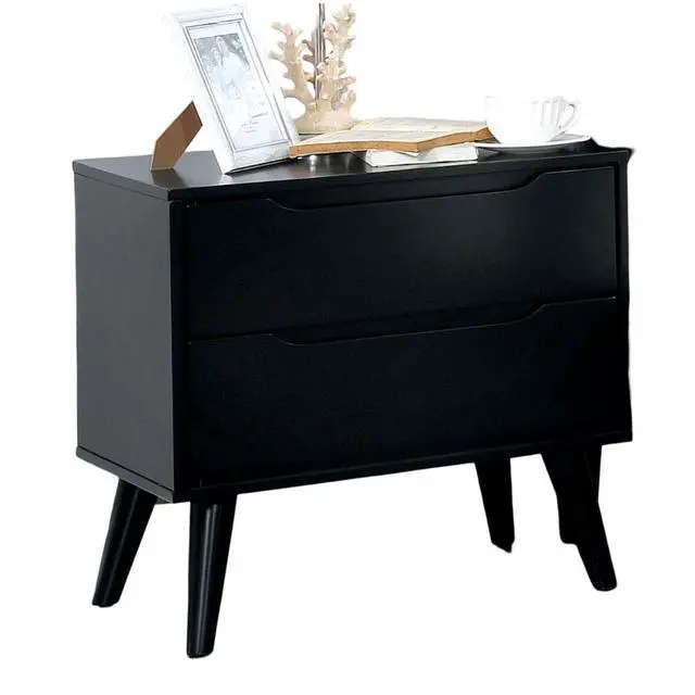 Alt view image 3 of 7 - Mid-Century Modern Black Color 1Pc Nightstand Bedroom Furniture Solid Wood Round Tapered Legs 2-Drawers Bedside Table