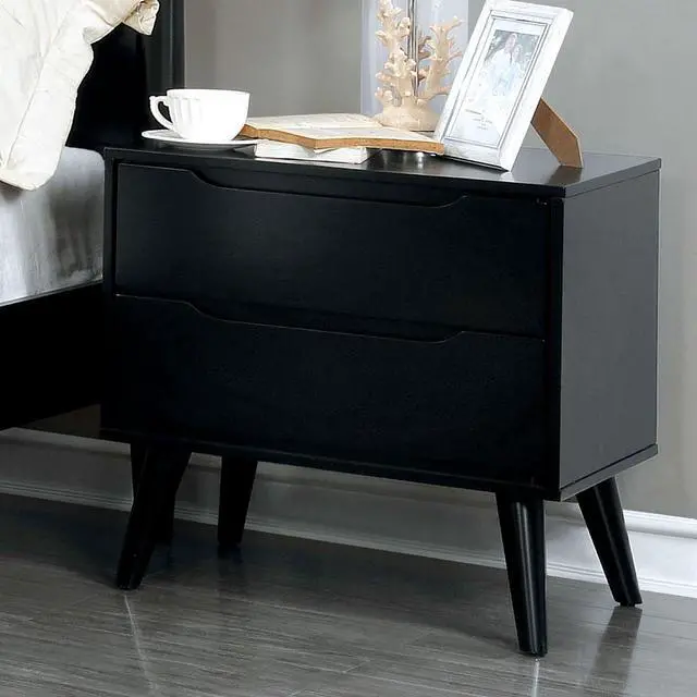 Alt view image 2 of 7 - Mid-Century Modern Black Color 1Pc Nightstand Bedroom Furniture Solid Wood Round Tapered Legs 2-Drawers Bedside Table
