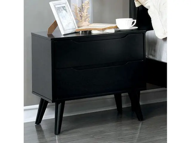 Alt view image 4 of 7 - Mid-Century Modern Black Color 1Pc Nightstand Bedroom Furniture Solid Wood Round Tapered Legs 2-Drawers Bedside Table