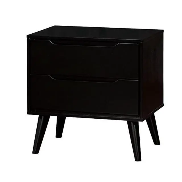 Alt view image 7 of 7 - Mid-Century Modern Black Color 1Pc Nightstand Bedroom Furniture Solid Wood Round Tapered Legs 2-Drawers Bedside Table