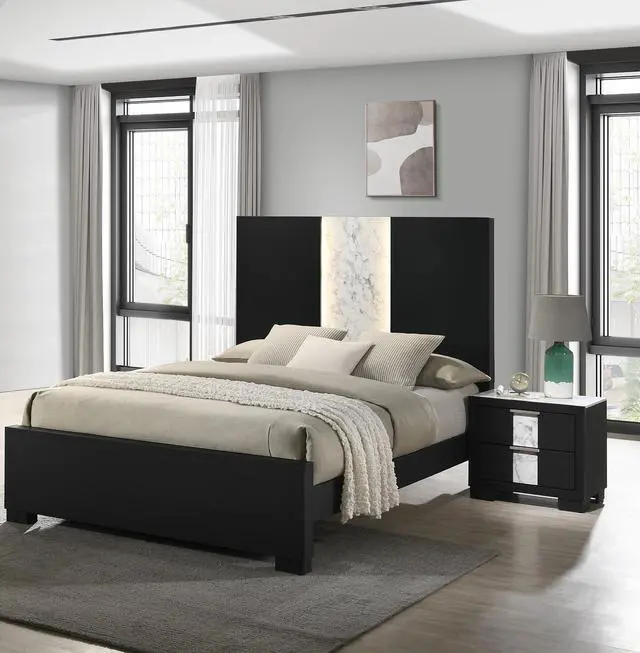 Alt view image 4 of 5 - 1Pc Contemporary Black Finish Nightstand Two Drawers Metal Knobs Black White Bedroom Wooden Furniture