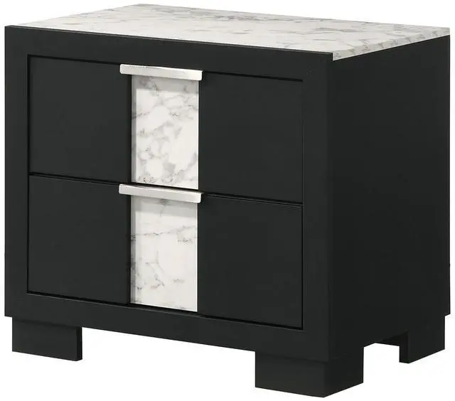 Main image of 1Pc Contemporary Black Finish Nightstand Two Drawers Metal Knobs Black White Bedroom Wooden Furniture
