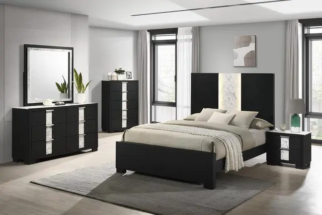Alt view image 5 of 5 - 1Pc Contemporary Black Finish Nightstand Two Drawers Metal Knobs Black White Bedroom Wooden Furniture