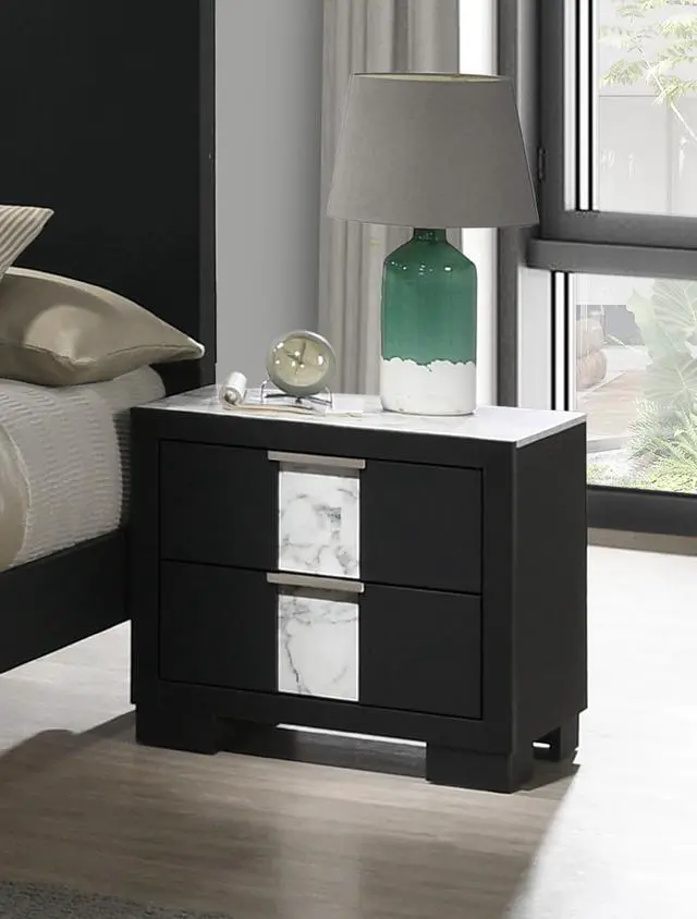 Alt view image 3 of 5 - 1Pc Contemporary Black Finish Nightstand Two Drawers Metal Knobs Black White Bedroom Wooden Furniture