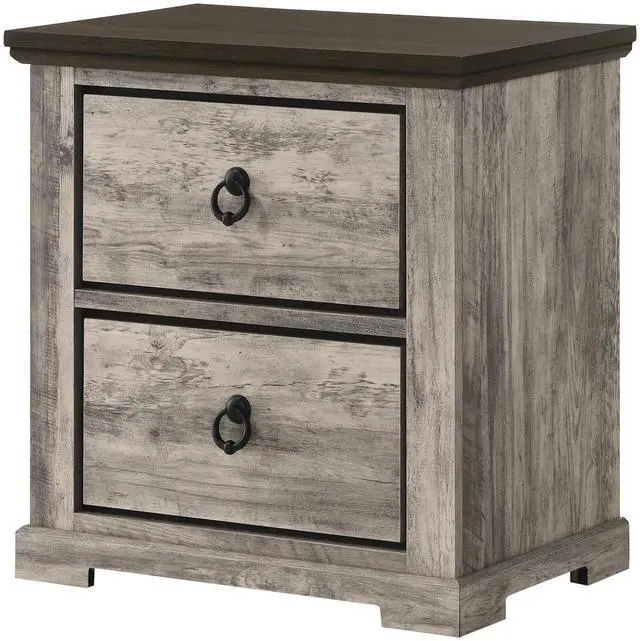 Main image of 1Pc Contemporary Rustic Gray Two-Tone Finish Two Drawers Nightstand Metal Pull Knobs Wooden Bedroom Furniture