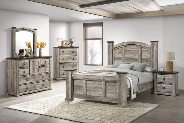 Alt view image 5 of 5 - 1Pc Contemporary Rustic Gray Two-Tone Finish Two Drawers Nightstand Metal Pull Knobs Wooden Bedroom Furniture